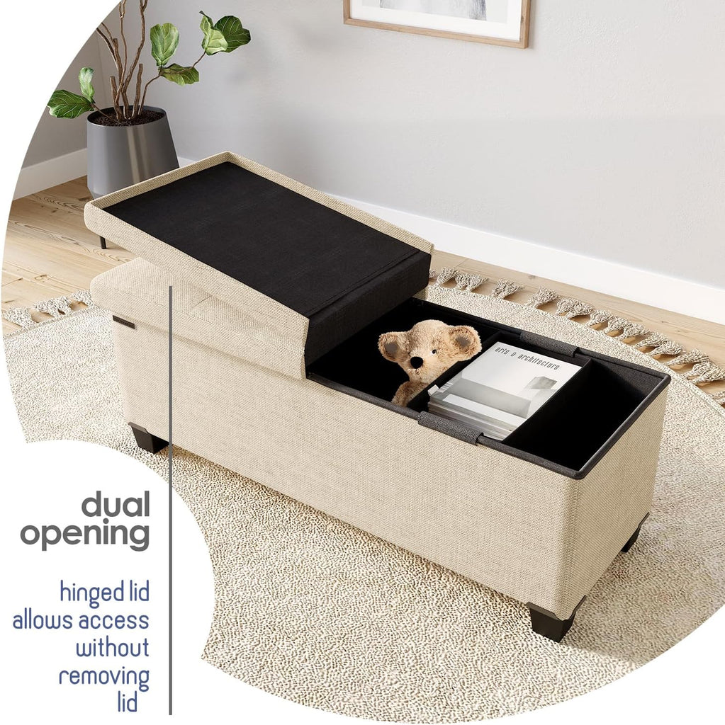Storage Ottoman Bench with Bins, 43-in Storage Bench End of Bed, Folding Foot Rest Ottoman Max 660lbs, Fabric