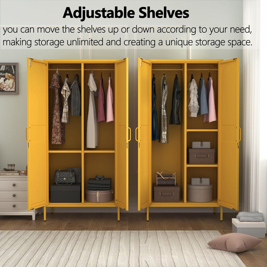 67 Inch Lockable Yellow Steel Wardrobe Storage Cabinet, Freestanding Metal Armoire Locker with Hanging Rod and