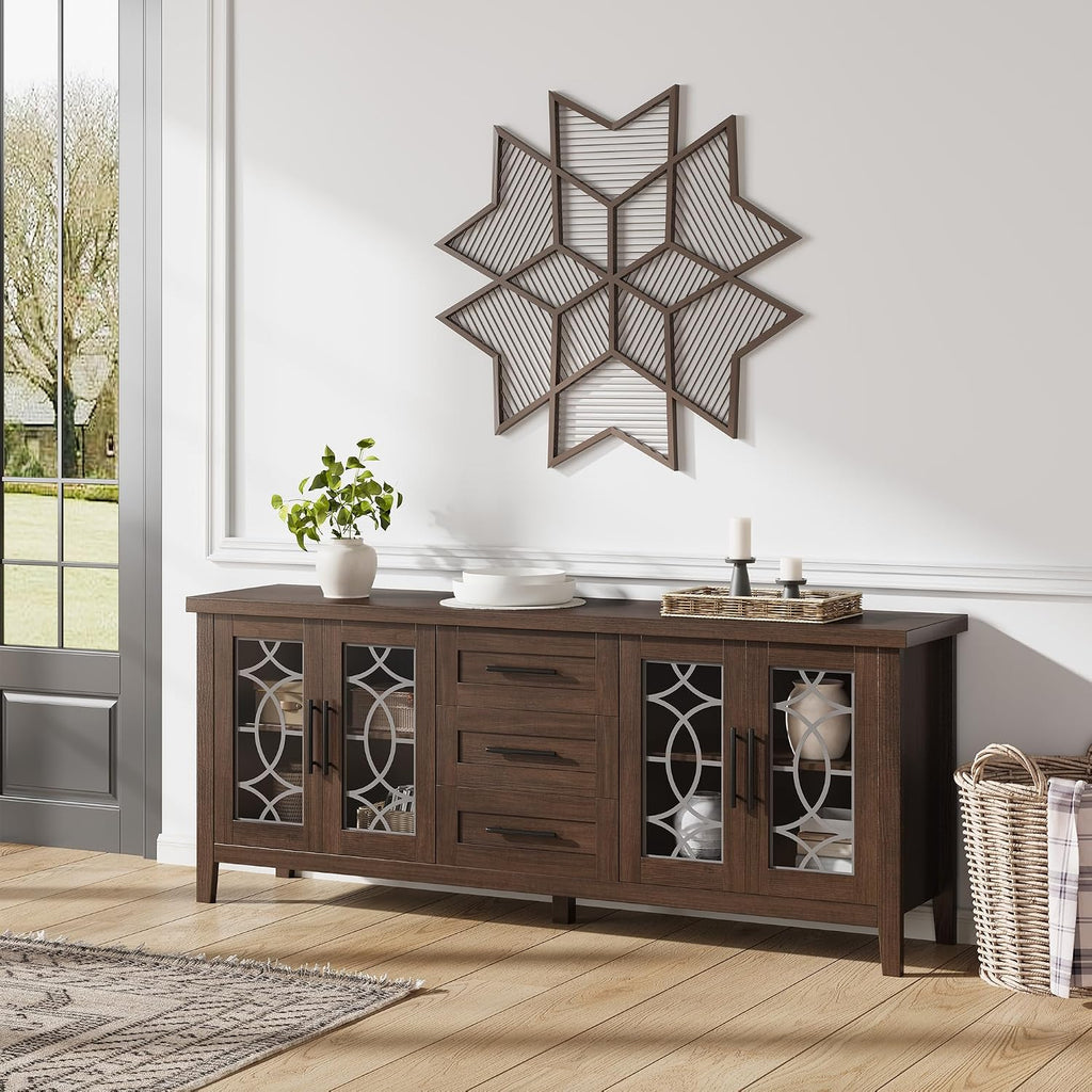 Farmhouse TV Stand with Glass Door for 70 Inch Tv, Mid Century Modern Entertainment Center for Living Room, Rustic