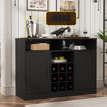Farmhouse Coffee Bar Cabinet with Power Outlets, Rustic Buffet Sideboard with Wine Rack, Wooden Liquor Cabinet