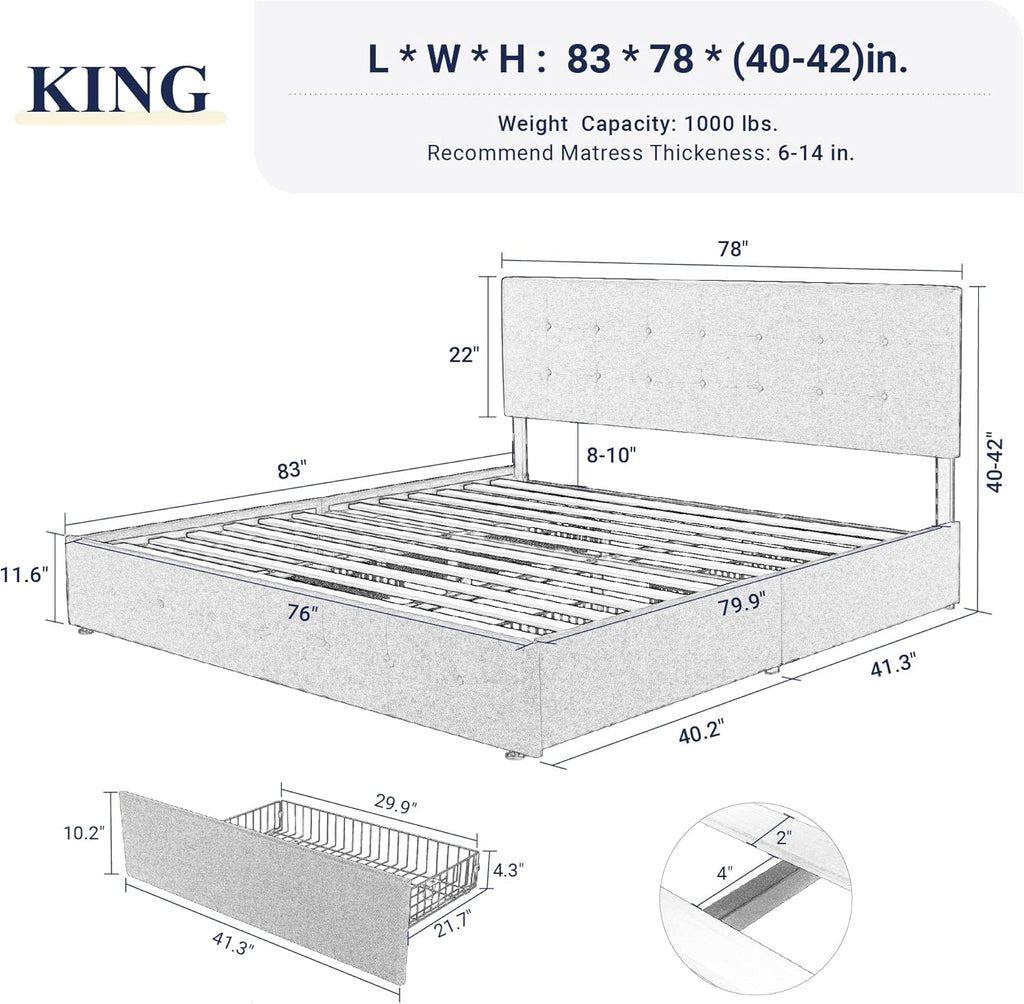 Upholstered King Platform Bed Frame with 4 Storage Drawers and Headboard, Square Stitched Button Tufted