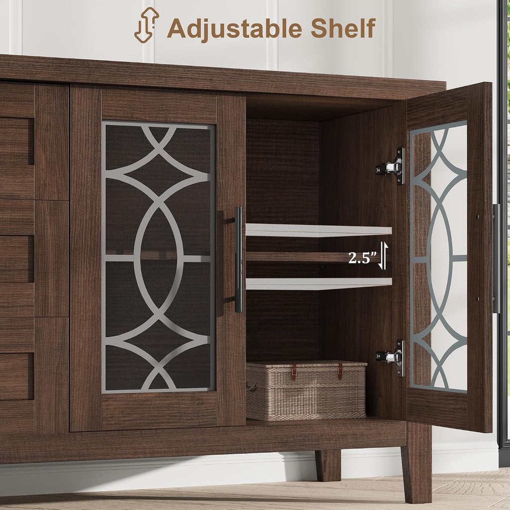 Farmhouse TV Stand with Glass Door for 70 Inch Tv, Mid Century Modern Entertainment Center for Living Room, Rustic
