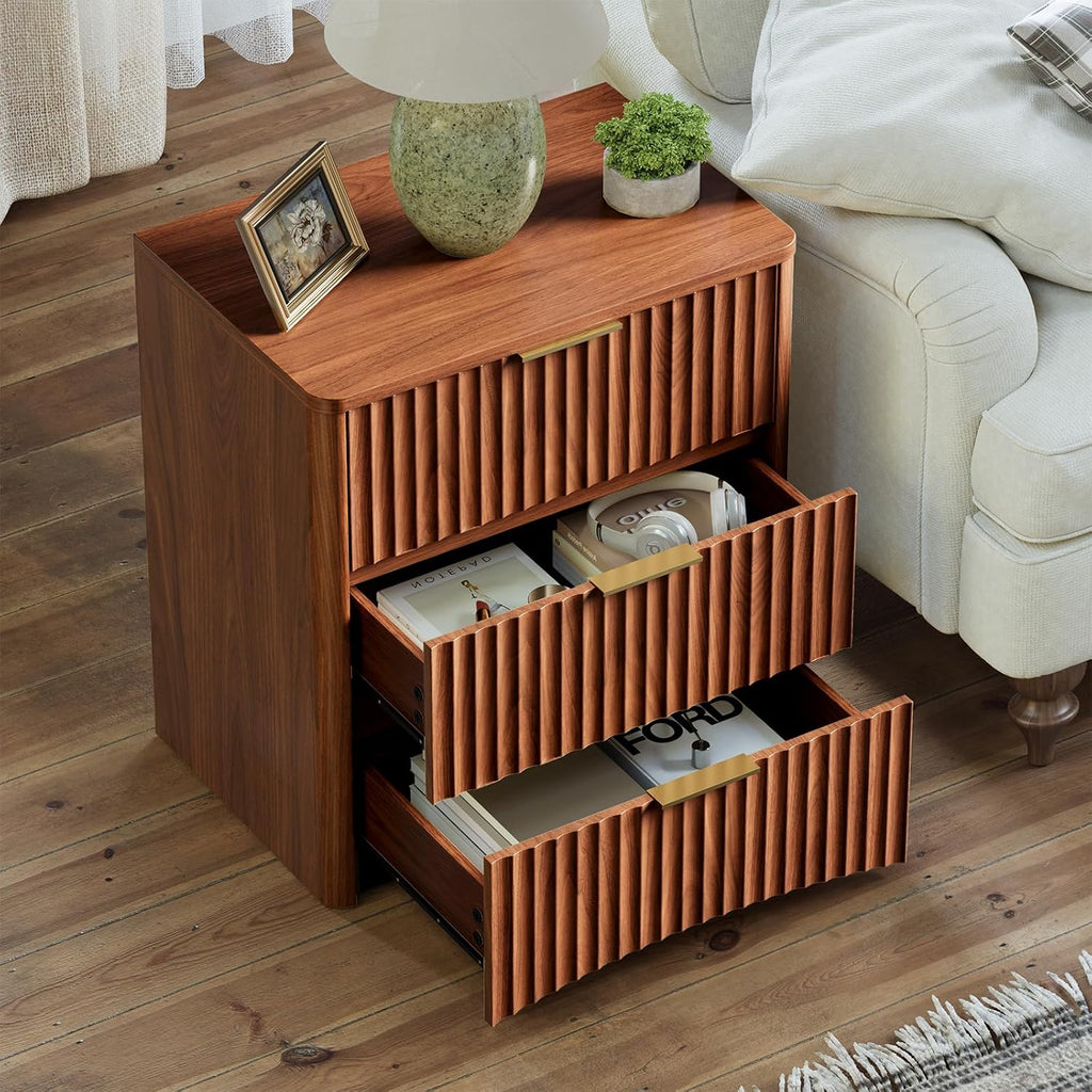 Fluted Nightstand, Walnut Bedside Table with 3 Drawers, Wood End Table with Storage Mid Century Modern, Large Night