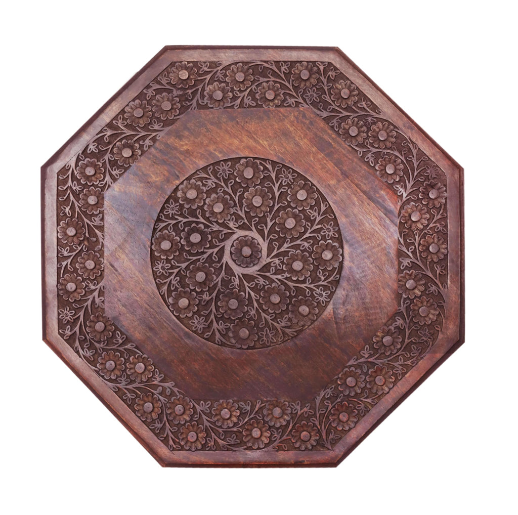 Solid Wood Coffee Table - Hand Carved Folding Octagon Table