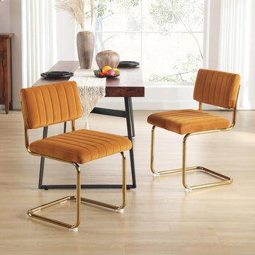Orange Velvet Dining Chairs Set of 2, Upholstered Kitchen & Dining Room Chair, Comfy Dinner Chair with Gold Metal