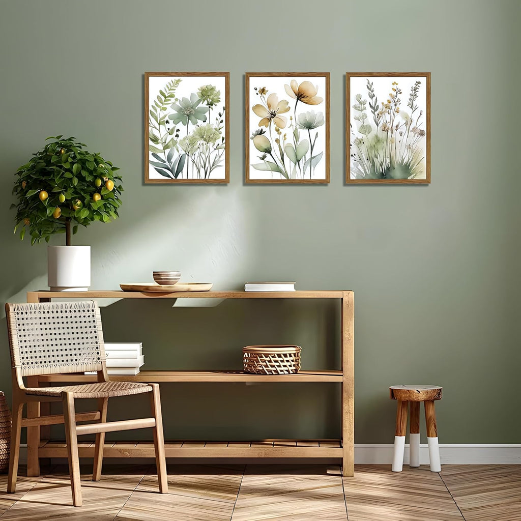 Wood Framed Sage Green Botanical Wall Art Set of 3, Boho Floral Canvas Wall Decor Paintings, Minimalist Flower