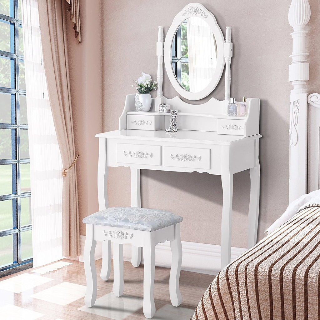 Vanity Table Set with 4 Drawer,Makeup Dressing Table w/Cushioned Stool,Girls Women Bedroom Furniture Set Oval Mirror
