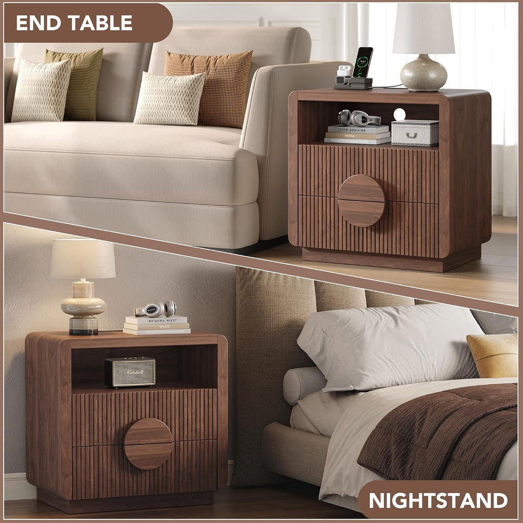 23" Wide Fluted Nightstands Set of 2, Mid Century Bedside Tables with Charging Station, Wood End Table with 2 Drawers
