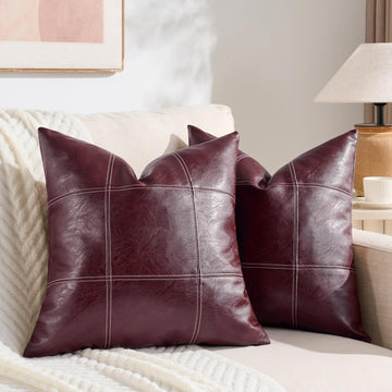 2 Packs Burgundy Waterproof Faux Leather Decorative Throw Pillow Covers 18x18 Inch for Outdoor Couch Bed Sofa, Hand