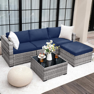 5 Piece L Shaped Outdoor Couch, Small Space Patio Furniture Set,Blue | Outdoor Sectional Sofa, All-Weather Wicker