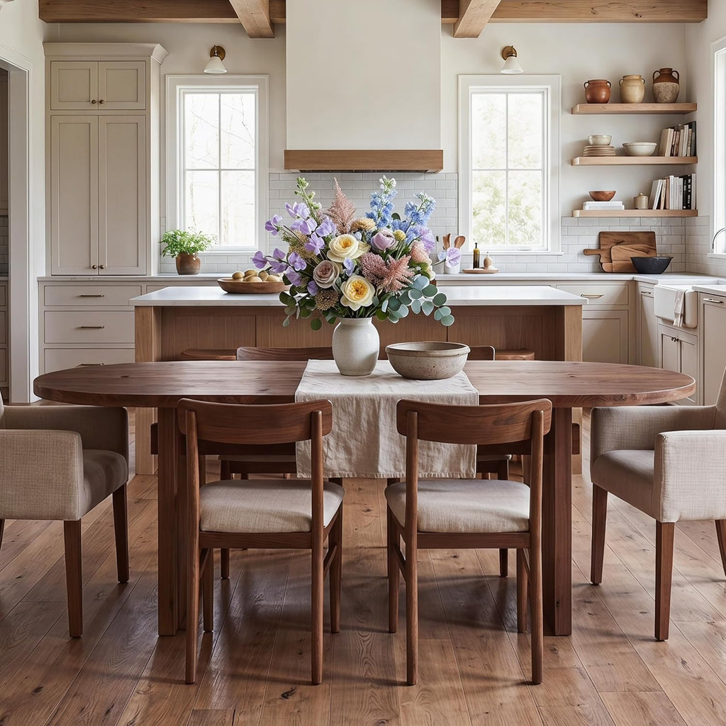 63-Inch Oval Dining Table, Farmhouse Solid Wood Kitchen Table for 4-6, Large Dinner Furniture with Double Pedestal