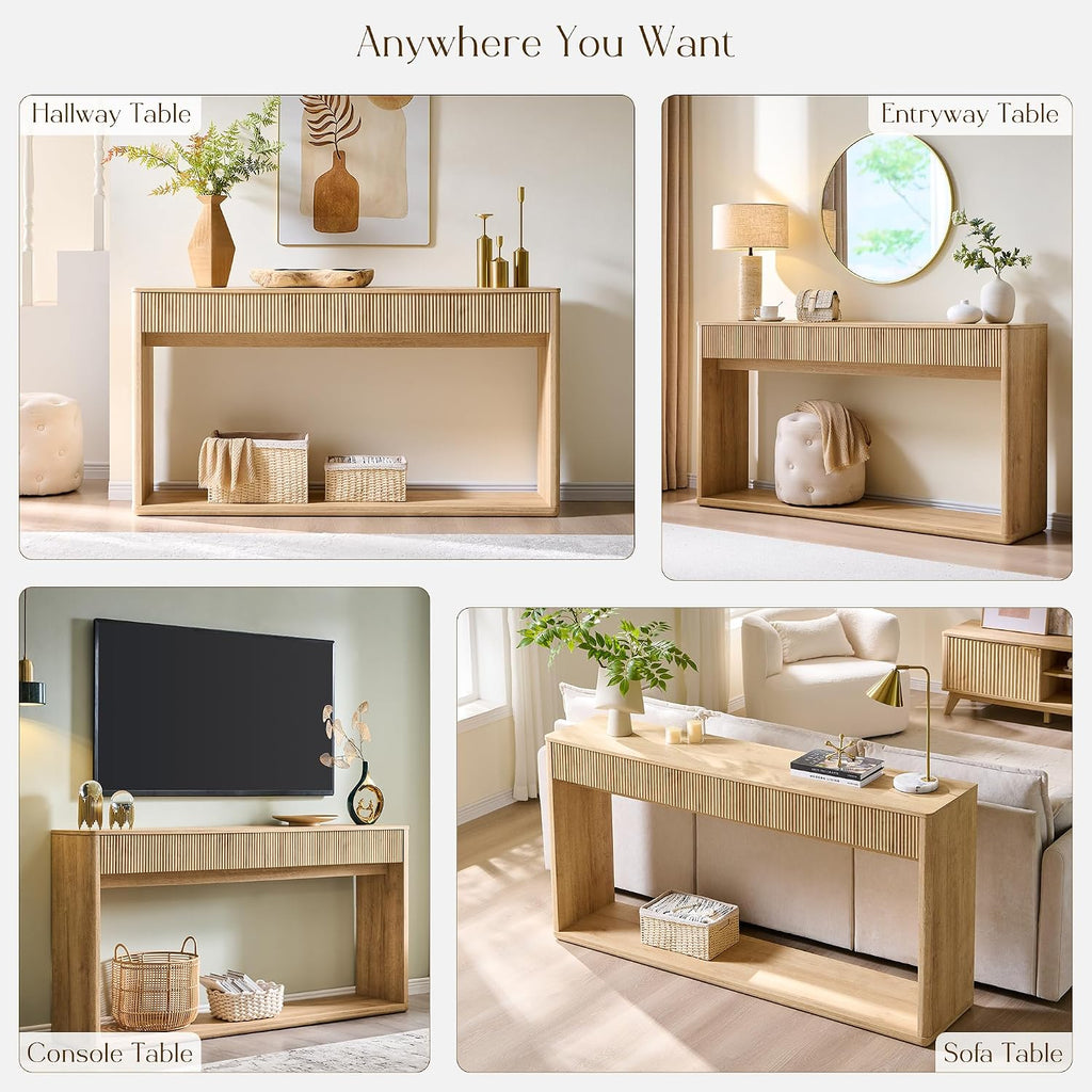 63" Fluted Console Table , Modern Entryway Table with 2 Large Drawers, Long Sofa Table Behind Couch , Couch