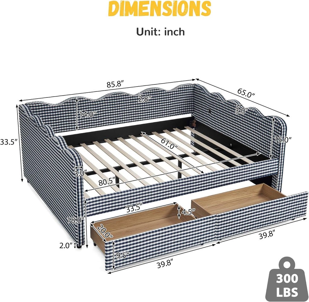 Queen Size Gingham Daybed with 2 Storage Drawers and USB Ports | Upholstered Daybed Living Room Guest Room-Navy