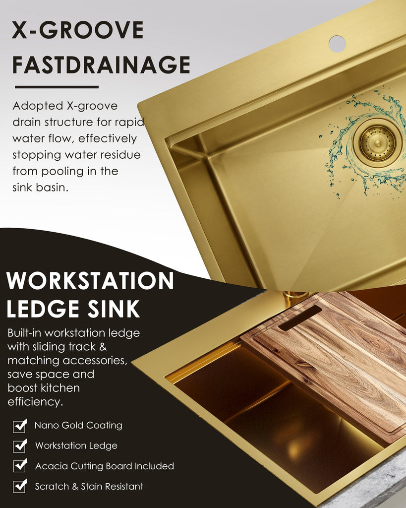 33x22 Gold Drop In Sink Workstation Topmount Kitchen Sink with Accessories