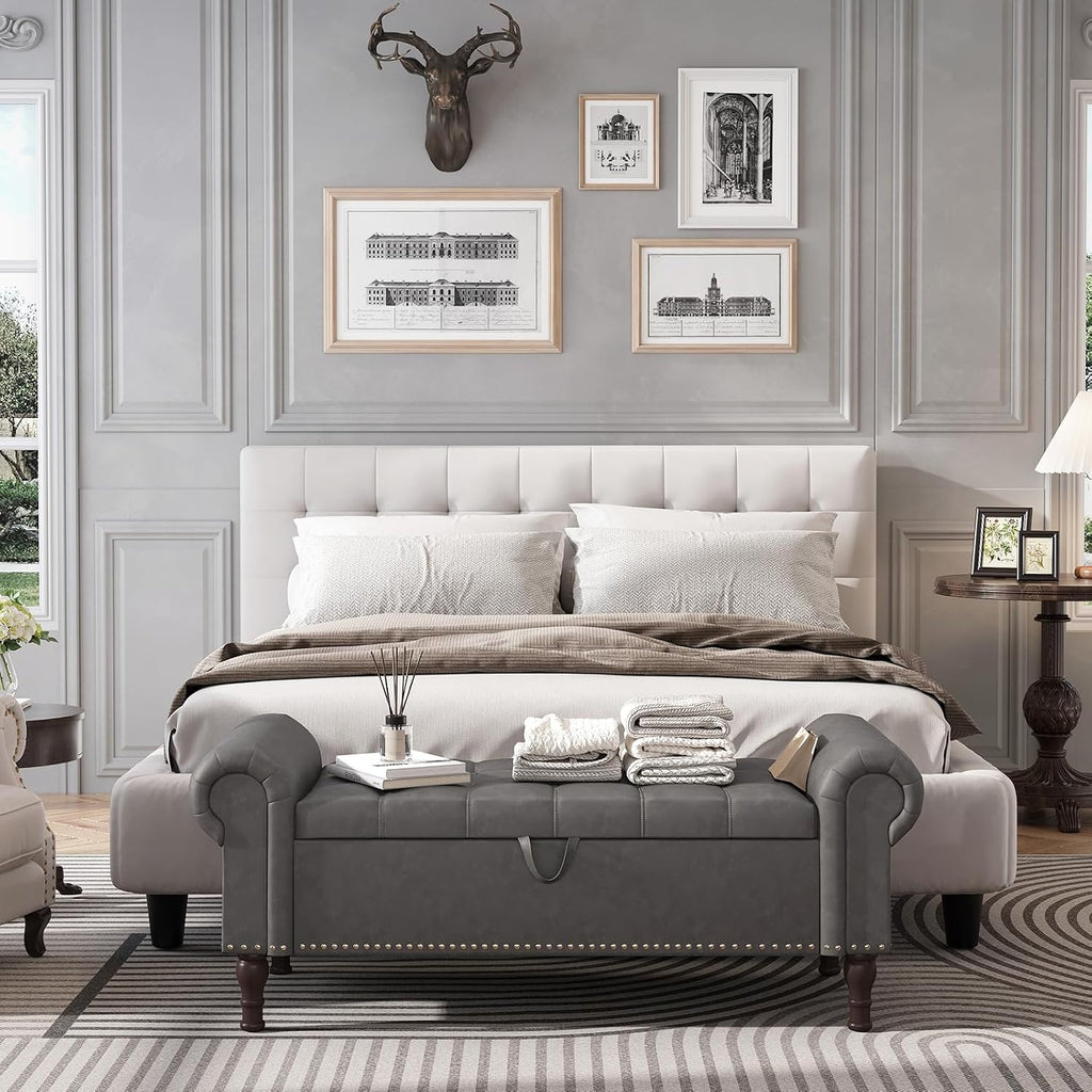 51" Bench with Storage, Upholstered Tufted Button Bedroom Bench with Storage, Faux Leather End of Bed Bench with