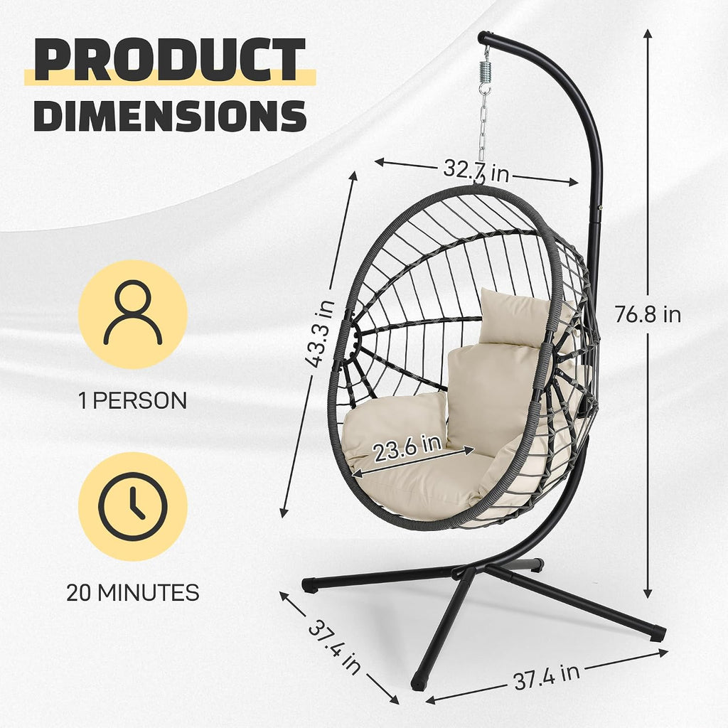 Hanging Egg Chair with Stand - 350lbs Capacity Outdoor Patio & Indoor Living Room Furniture, Waterproof PE Rattan