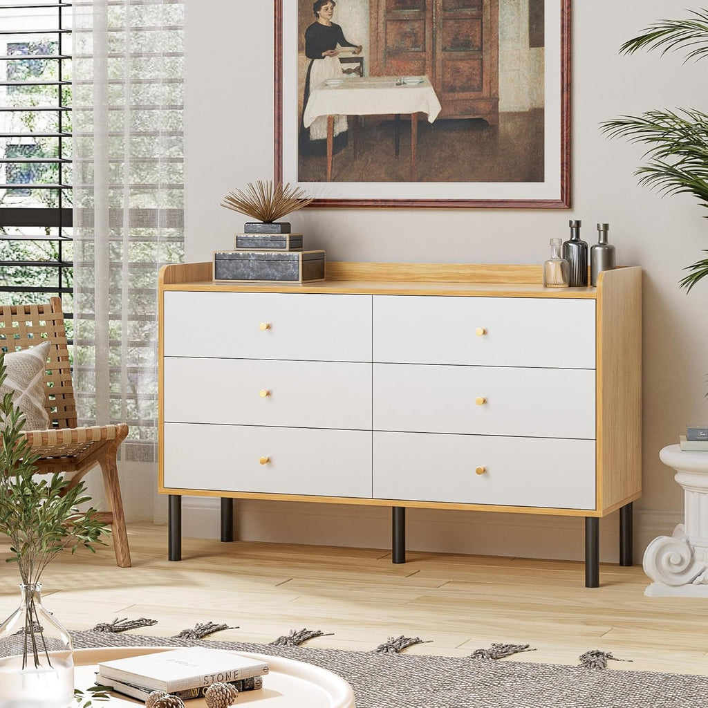 Dresser , 6 Drawer Natural Wood Dresser with Wide Drawer and Metal Handles, Modern Dressers & Chests of Drawers