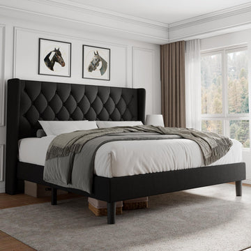 King Size Platform Bed Frame with Button Tufted Headboard, Upholstered Bed Frame with Solid Wooden Slats, 8" Underbed