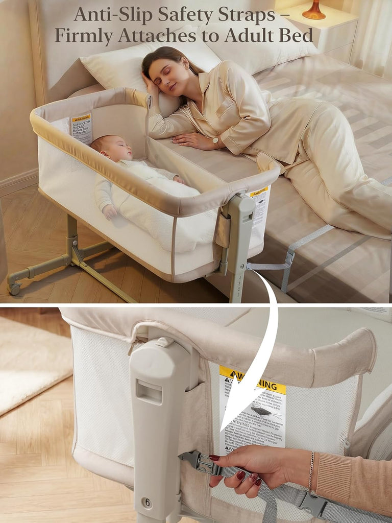 Baby Bassinet Bedside Sleeper 3-in-1, Easy Night Feeding with One-Side Fold & Rolling Wheels, Breathable Mesh
