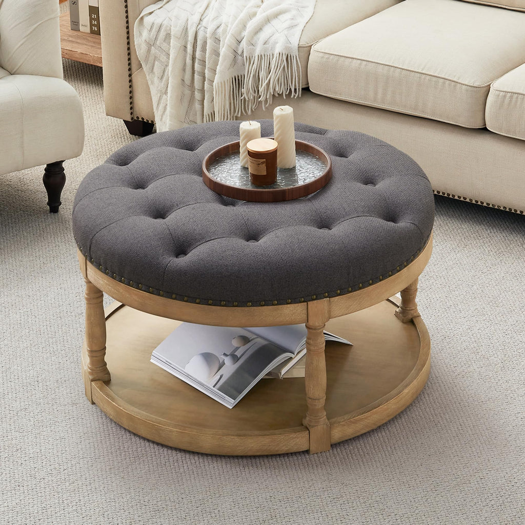 33" Large Round Ottoman Coffee Table with Storage, Upholstered Button Tufted Linen Footrest Ottoman with Wood Storage