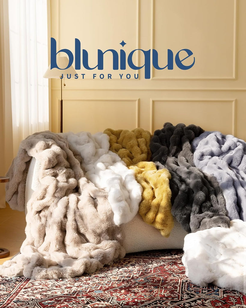 Ultra Soft Cozy Faux Fur Throw Blanket, Fuzzy Plush Thick Bubble Blanket, Luxury Fluffy Blanket, and Living Room