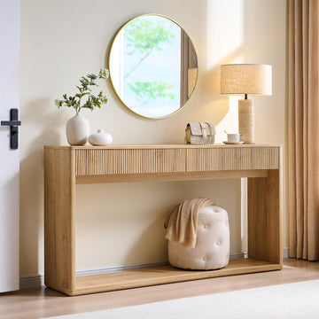 63" Fluted Console Table , Modern Entryway Table with 2 Large Drawers, Long Sofa Table Behind Couch , Couch
