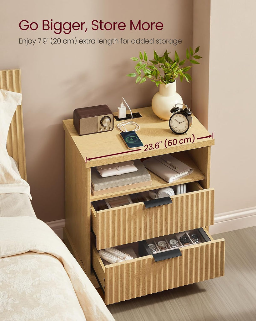 Nightstand with Charging Station, Fluted Night Stand, Bedside Table, Mid Century Modern Side End Table