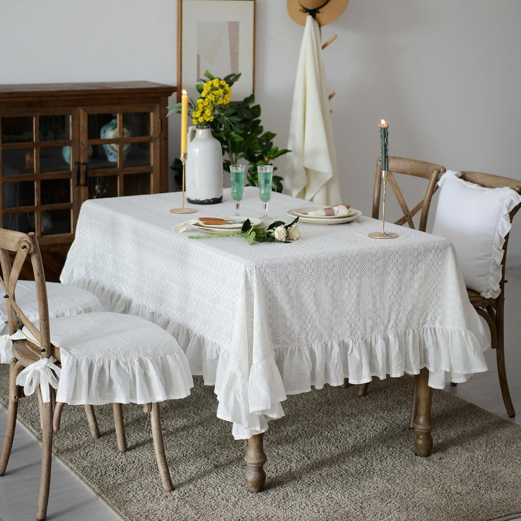 French White Cotton Tablecloth Ruffled Lace Embroidered Fabric Tablecloths Rustic Rectangular Washab
