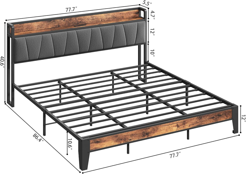 King Bed Frame, Storage Headboard with Charging Station, Solid and Stable, Noise Free, No Box Spring Needed