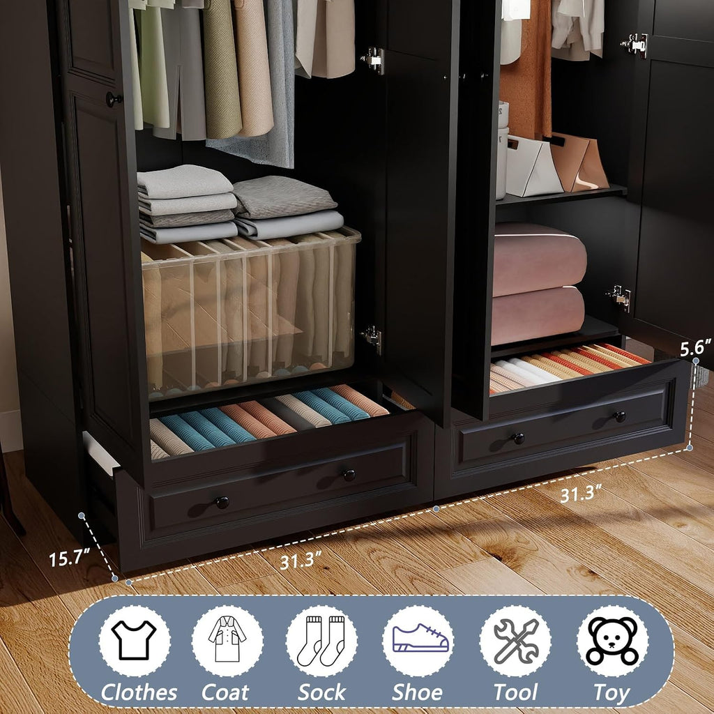 Armoire Wardrobe Closet with Drawers: 74" Black Tall Wardrobe Cabinet with Hanging Rod, Wooden Closet with 4 Doors