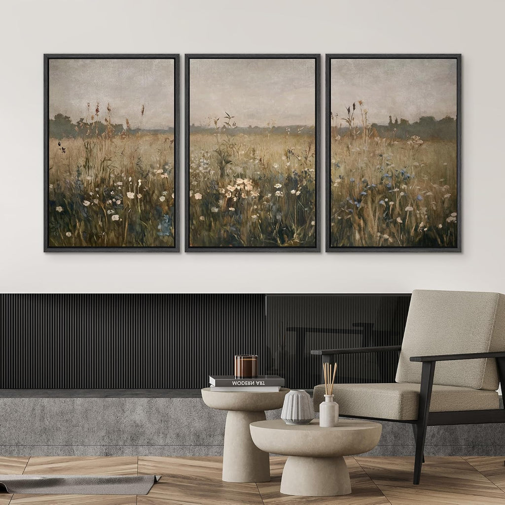 Framed Canvas Print Wall Art Set Wildflower Meadow Rustic Floral Field Landscape Illustrations Modern Art Decorative