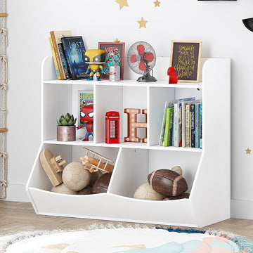 Toy Storage Organizer with Bookcase, Slanted Kids Toy Shelf Cubby | Multi Toy Storage Bookshelf, Spacious Shelves and