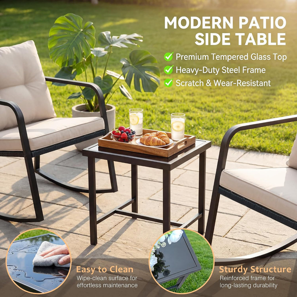 Patio Chairs 3 Piece Wicker Rocking Chair Bistro Sets, White | Outdoor Rocking Chairs with Coffee Table and Cushions