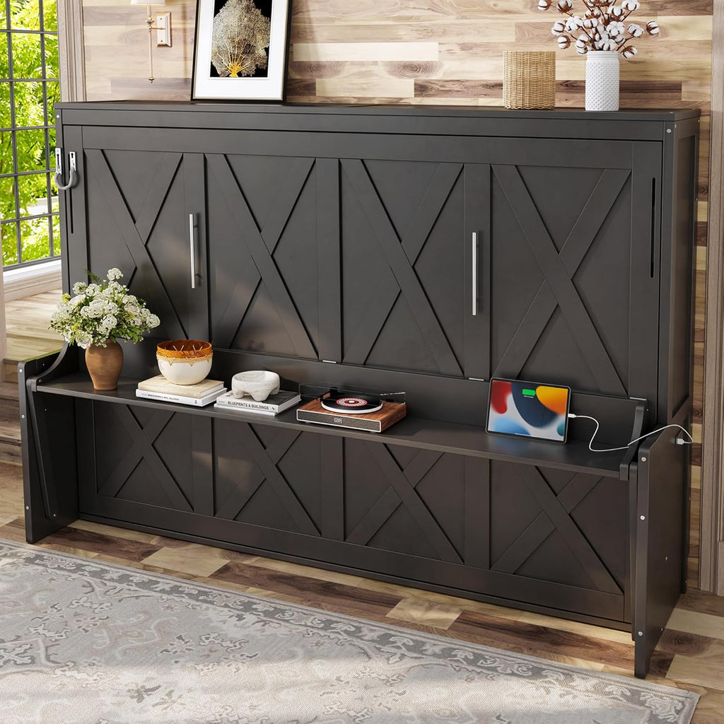 Queen Horizontal Cabinet Murphy Bed with Desk & USB Charging Station, Foldable Hideaway Wall Bed Frame with Solid