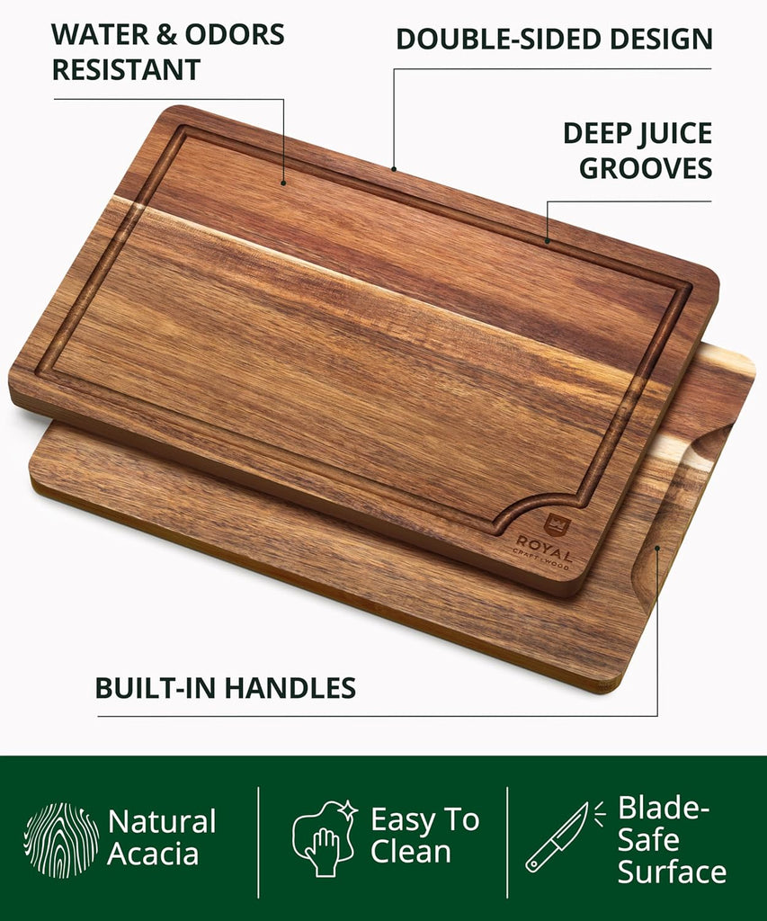 Wooden Cutting Boards Meal Prep & Serving - Bamboo Wood Serving Board Set with Deep Juice Groove Side Handles