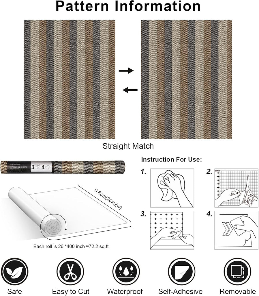 Textured Fabric Wallpaper Peel and Stick Large Size 26"x400" Black/Brown/Grey Stripes Printed Grasscloth Look Wall