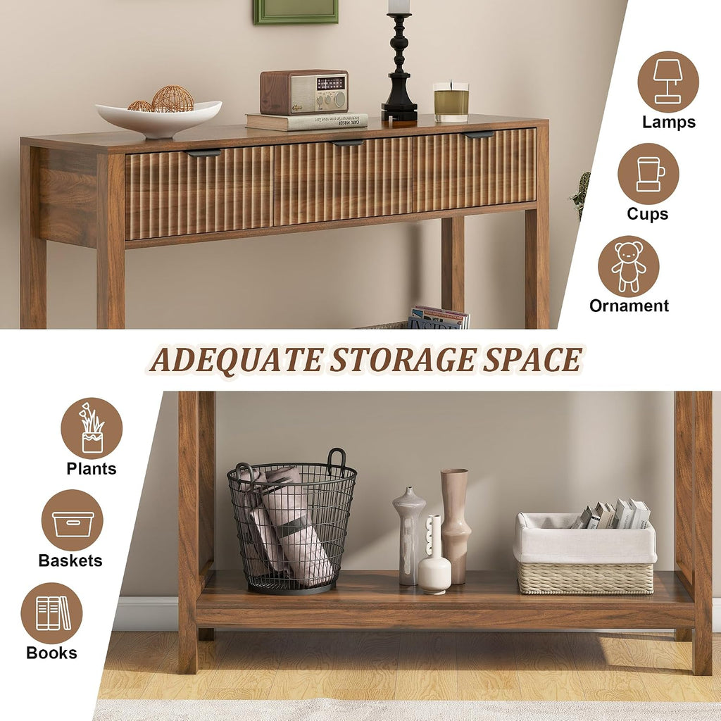 Fluted Console Table, Wooden Sofa Table with Storage and Drawers, Farmhouse Behind Couch Table Entryway Table for