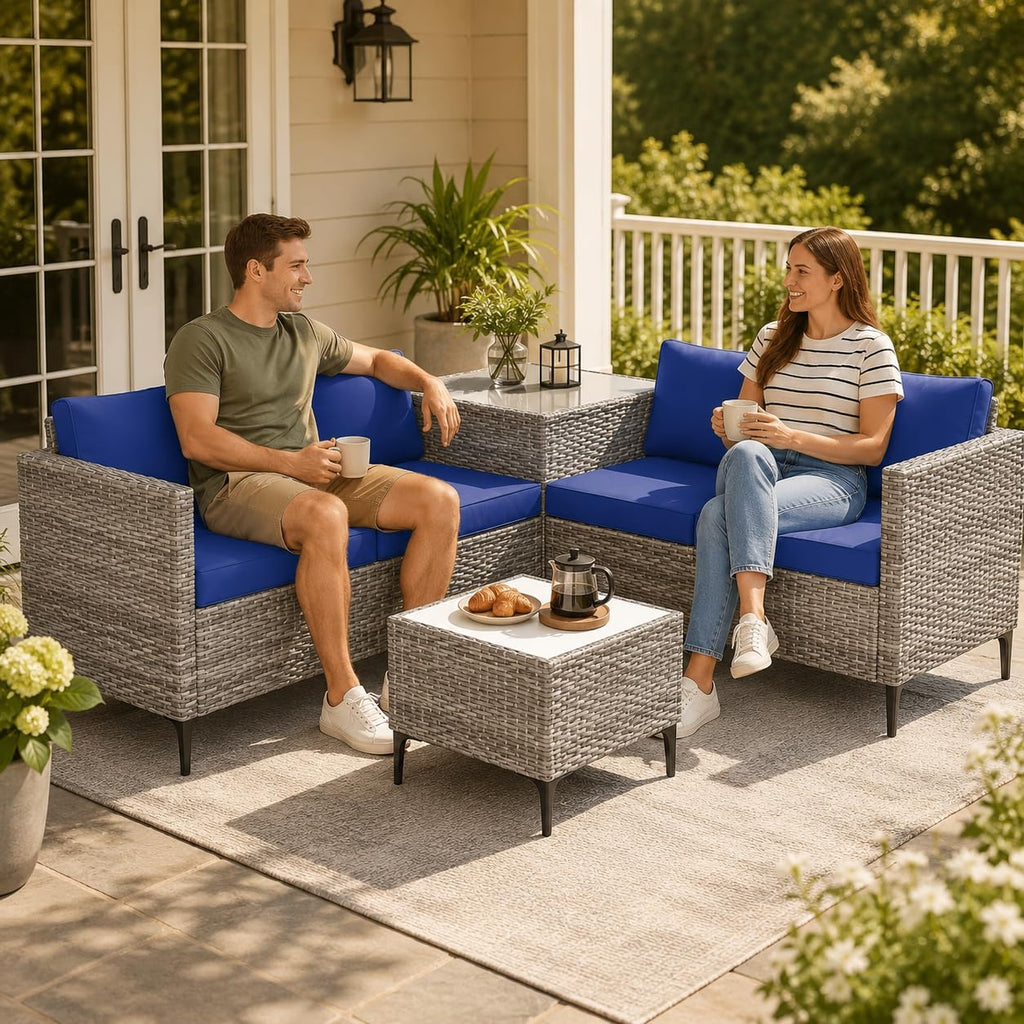 All-Weather PE Rattan Patio Furniture Set, 4 Piece Outdoor Sectional Sofa Couch with Storage Coffee Table, l-Shaped