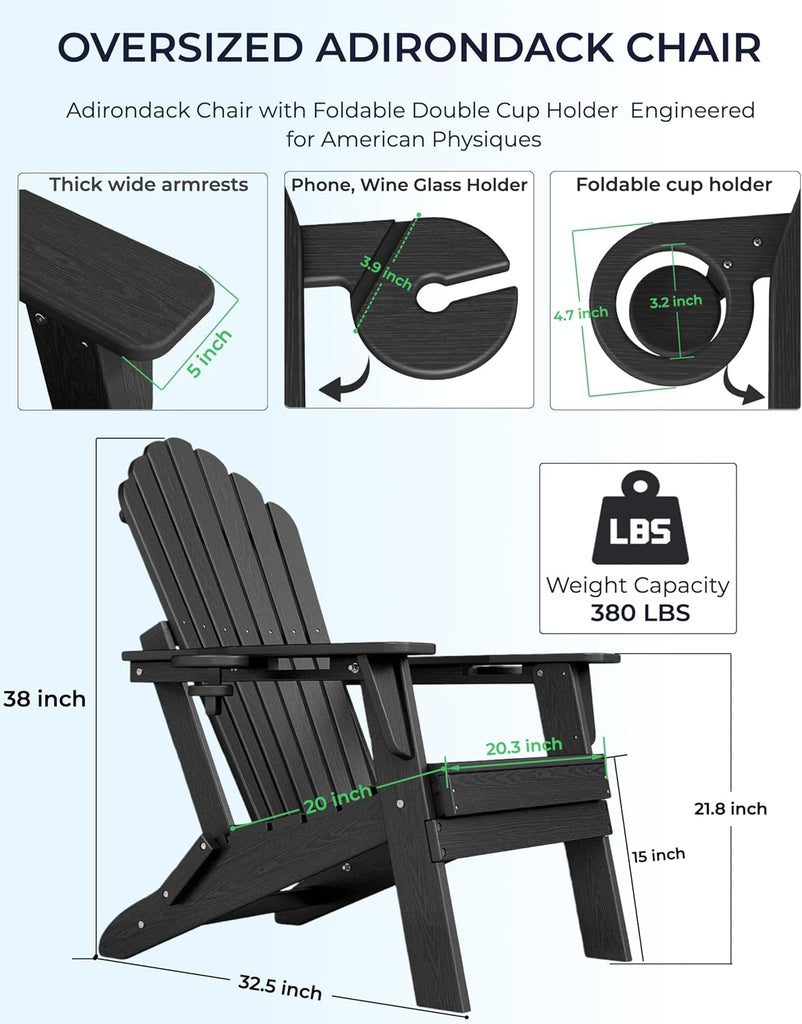 HDPE Folding Adirondack Chair with Dual Cup Holders, Black | Ergonomic High Back HDPE Fire Pit Chair, 380lbs Capacity