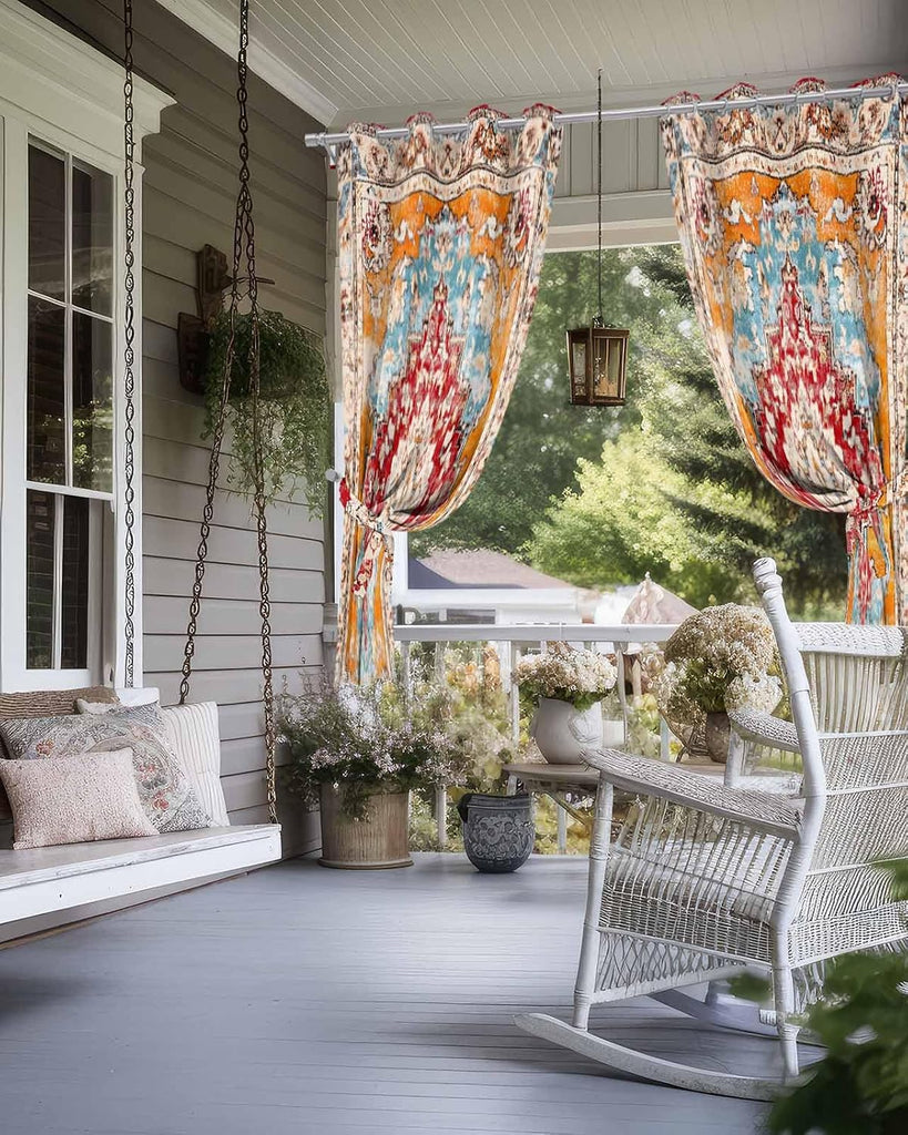 Orange Boho Outdoor Curtain Waterproof, Vintage Ethnic Geometric Weatherproof Outside Curtains with Grommet Top
