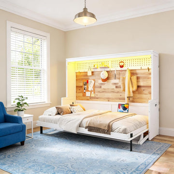 Queen Horizontal Murphy Bed with Desk, Farmhouse Wall Bed Frame with LED Lights & Charging Station, Wood Hidden