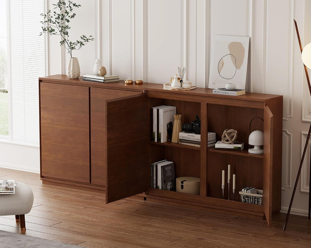 Real Wood Veneer Narrow Sideboard Buffet Modular Storage Cabinet | Real Walnut Veneer,Mid Century Modern Modular Thin