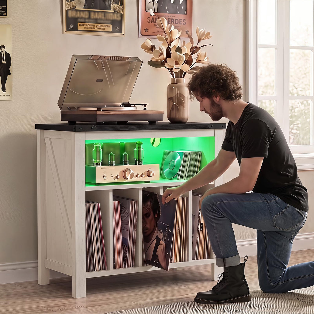 Large Record Player Stand with Power Outlets & 20-Color Lights