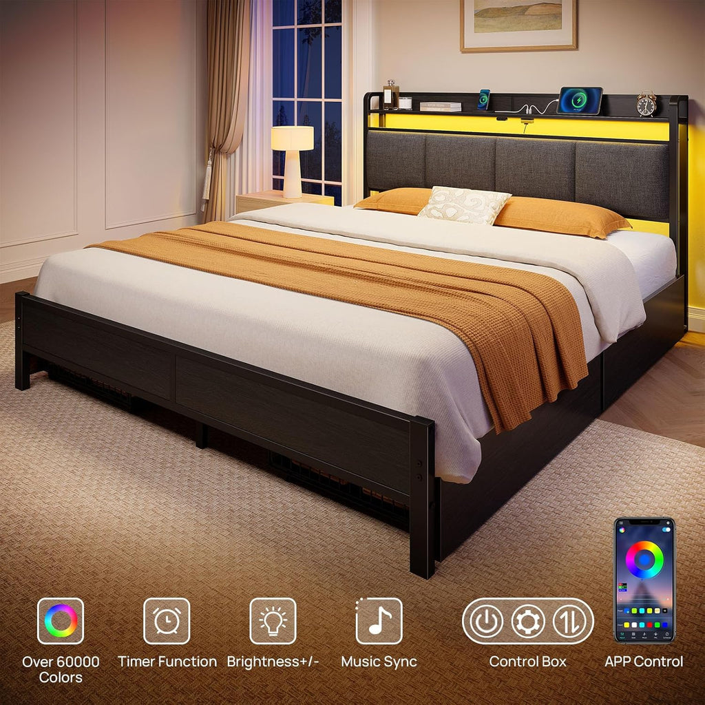 Bed Frame Full with Charging Station and LED Lights, Upholstered Storage Headboard with Drawers