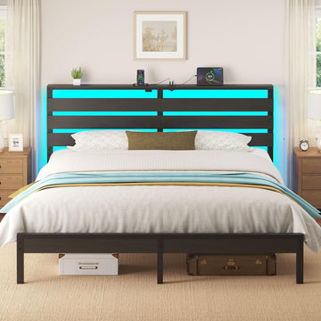 Bed Frame King with USB Charging Station, LED Bed Frame with Wood Storage Headboard