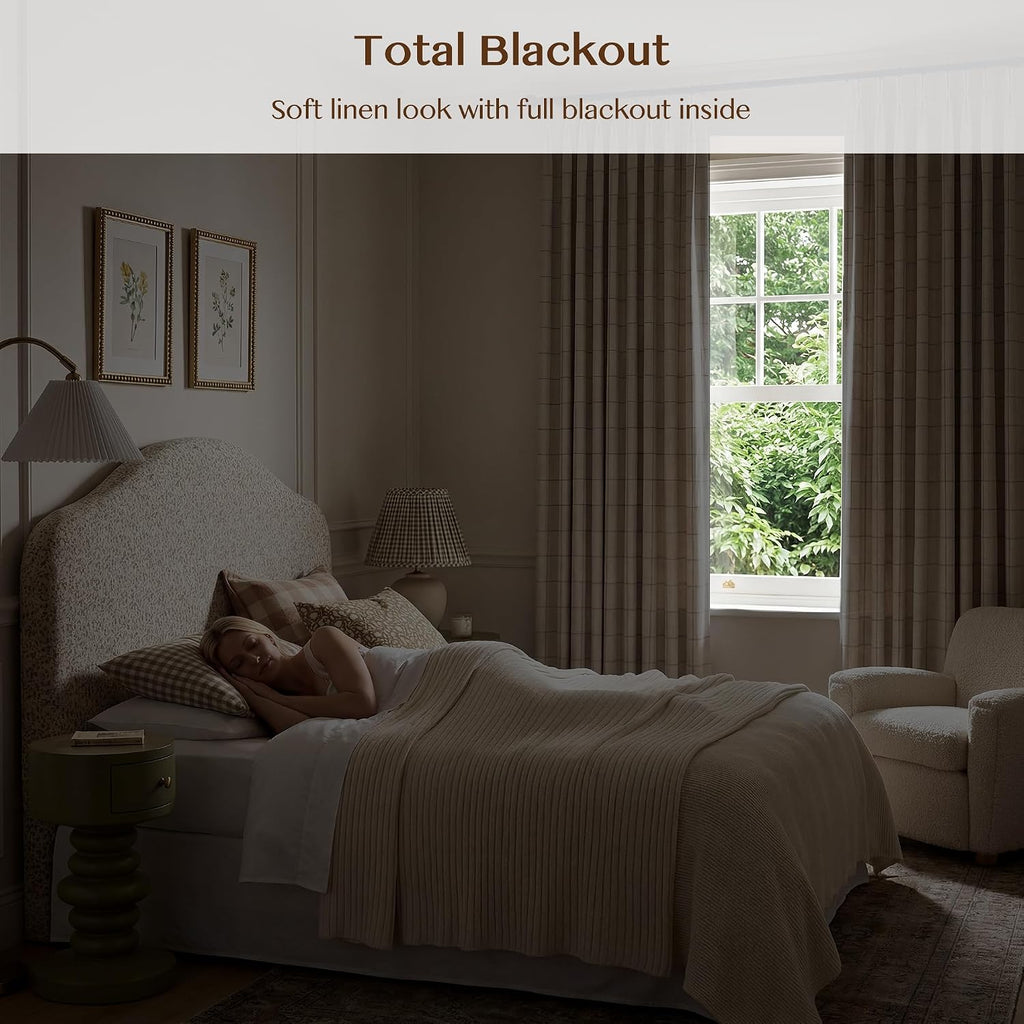 Linen Plaid Checkered Blackout Curtains Gingham Double Layer 108 Inches Long 2 Panels Set Patterned Printed Design