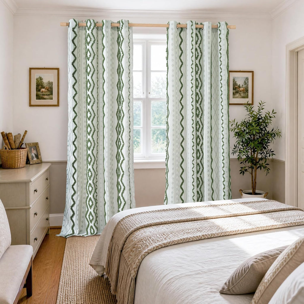 Green Boho Curtains with Tufted Pom Stripe Geometric, Linen Jacquard Pattern Drapes with Grommet for Living Room