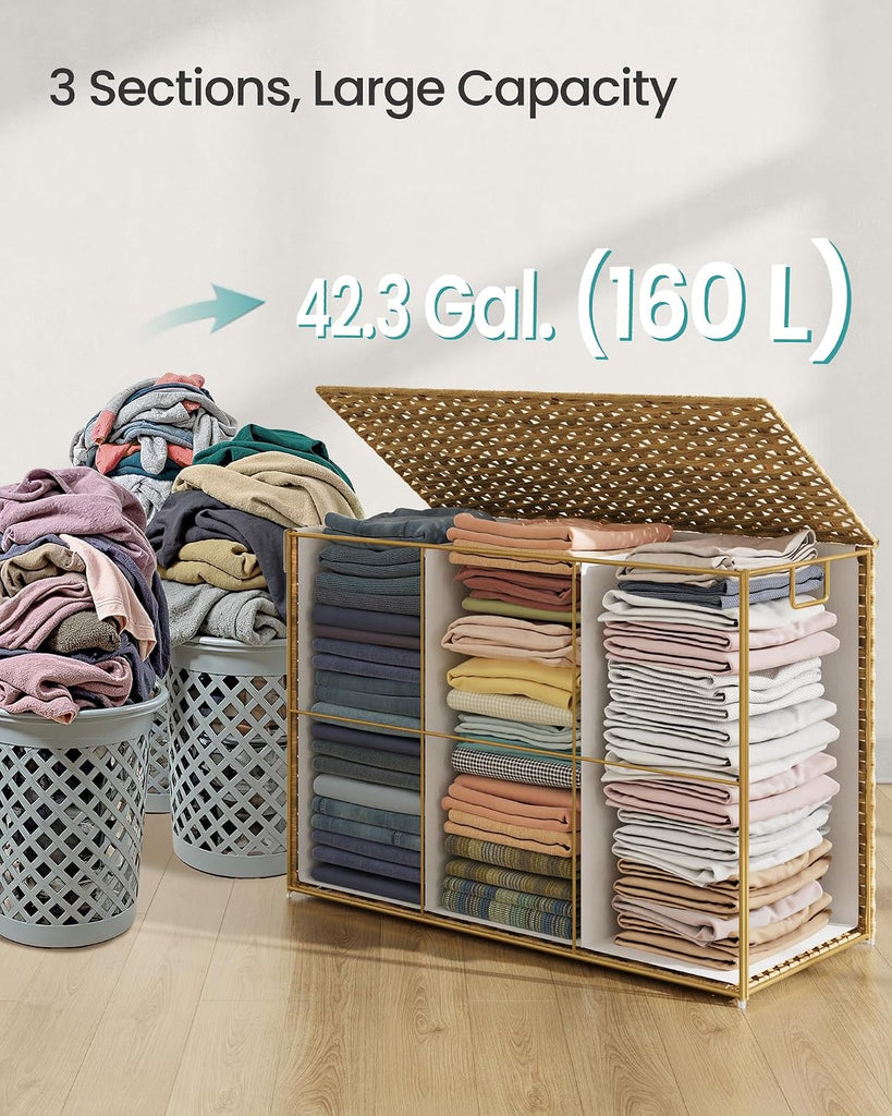Laundry Hamper with Lid, 160 L Wicker Laundry Basket | 6 Mesh Bags, 2 Removable Liner Bags, 26 x 15.7 x 24 Inches