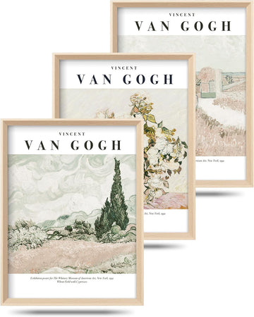 Van Gogh High Framed Wall Art Set of 3, 12x16in Neutral Floral Canvas Prints, Abstract Landscape Artwork Bedroom