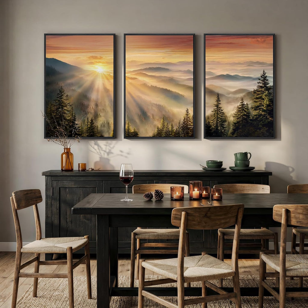 Large Framed Mountain Landscape Wall Art , 3 Piece Foggy Forest Sunset Canvas Artwork, Scenery Nature Picture Prints